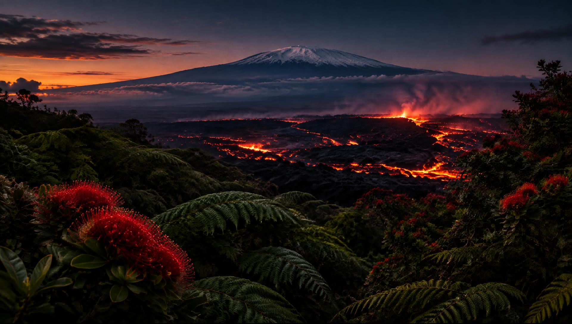Kīlauea lava glowing below snowcapped Maunakea, framed by palapalai ferns and ʻōhiʻa lehua blossoms